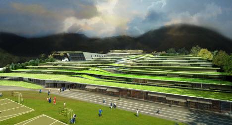 Sloping green roofs on building complex