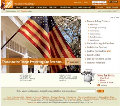 Home Depot home page, July Fourth