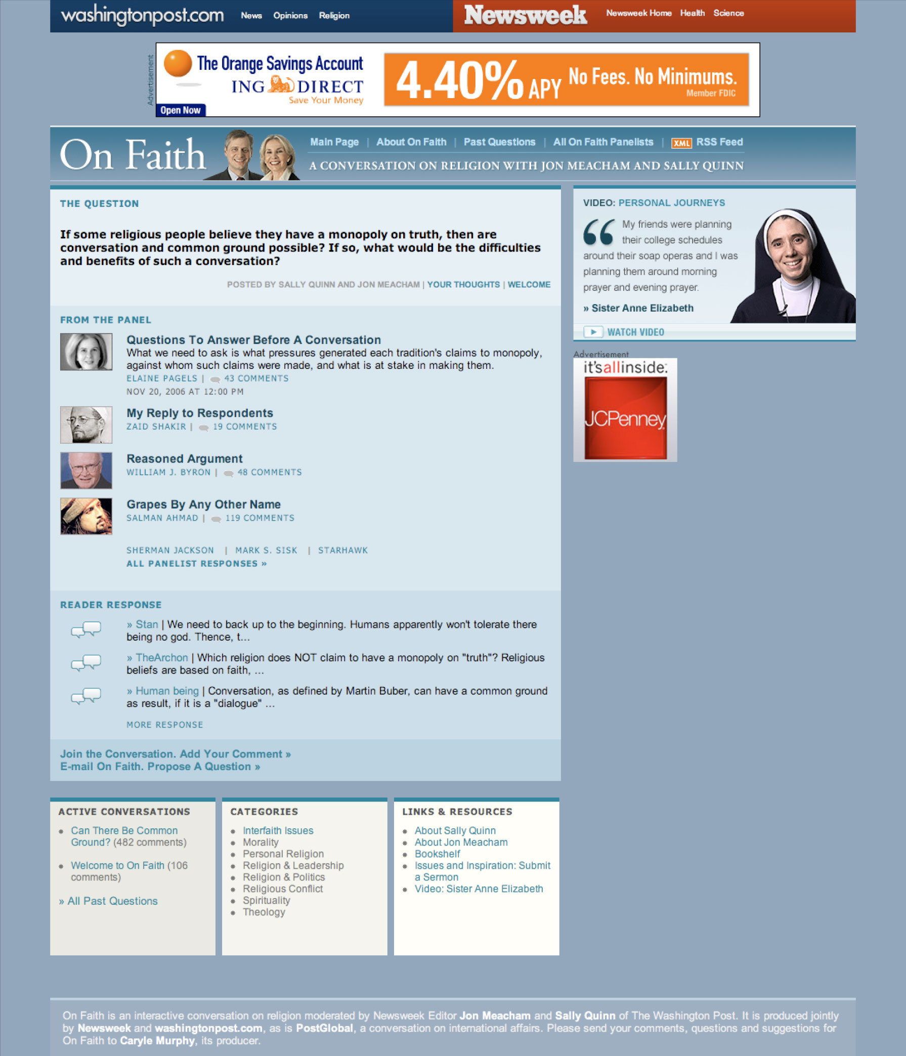 Screencap of the home page of OnFaith on the Washington Post website